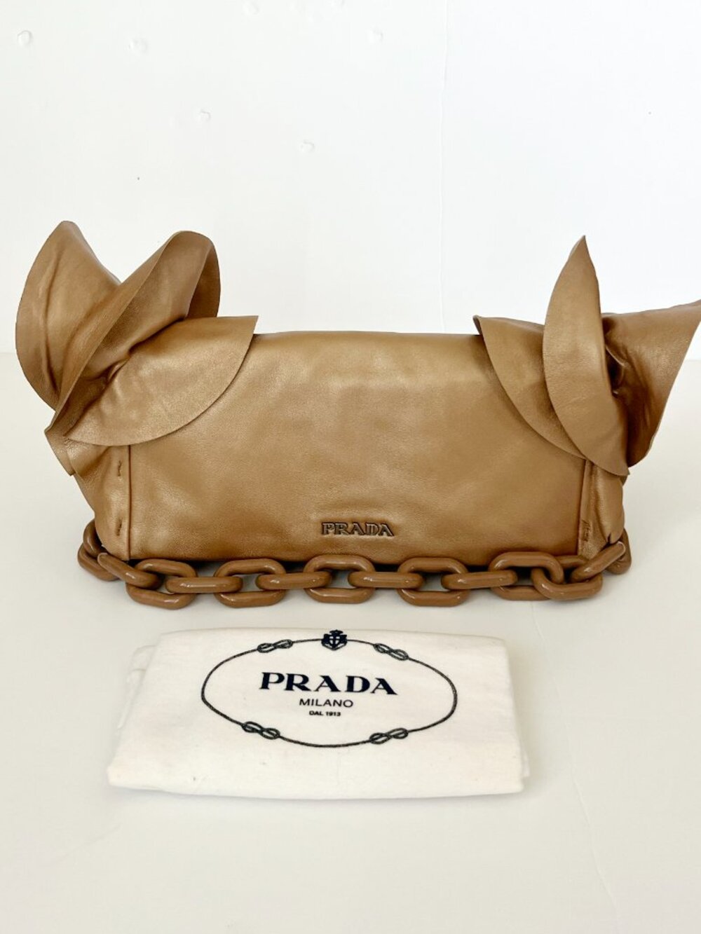 Prada Metallic Begie Nappa Ruffle Shoulder Bag